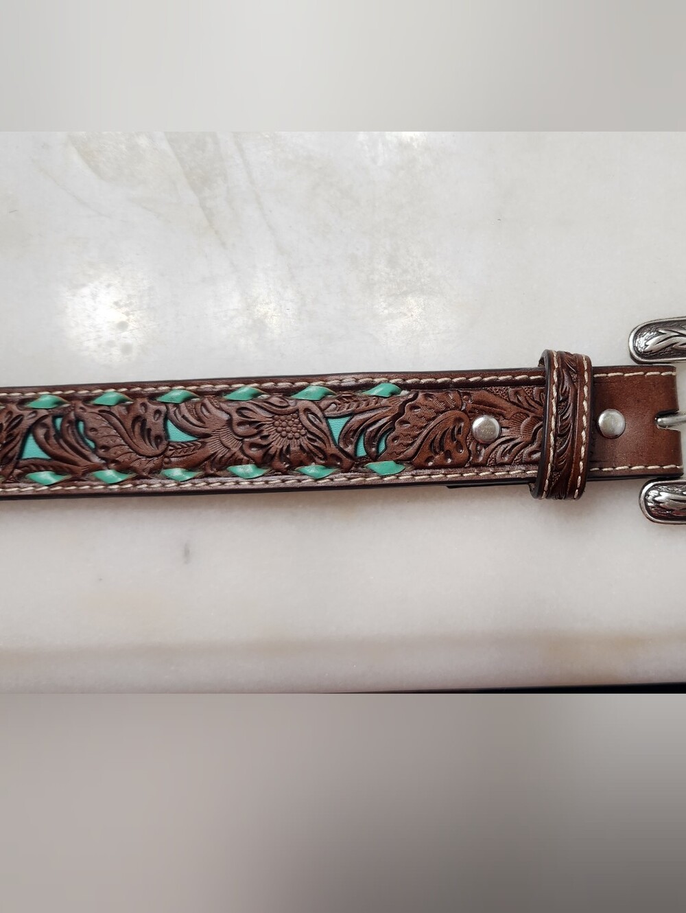 Kids Tooled Brown Leather Belt with Turquoise Accents